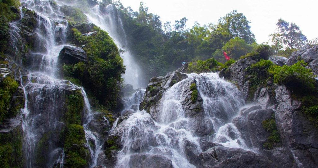 Tindhare Jharana waterfall cascading down a cliff in Kavre district, Nepal