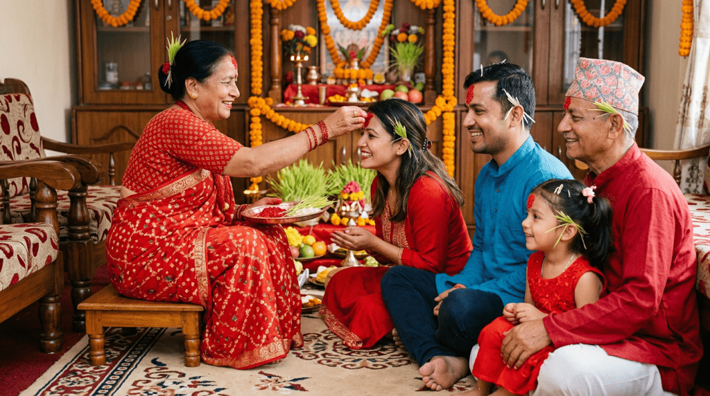 Family members dressed in traditional clothes performing Dashain rituals with marigold decorations