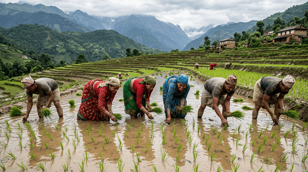 Group of farmers planting rice seedlings in flooded terraced fields with mountains in the background