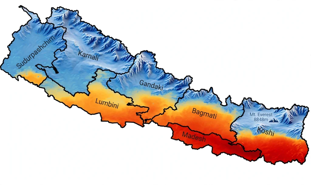 Image alt text: Nepal weather map showing heatwave alert zones across Terai provinces
