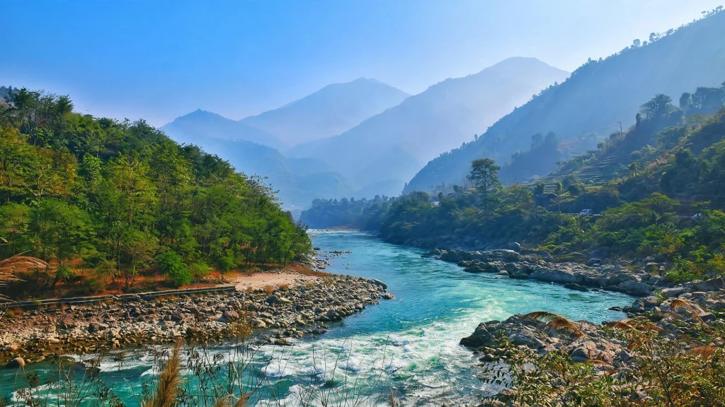 Clear post-monsoon skies and green terraced hills along the Trishuli River valley