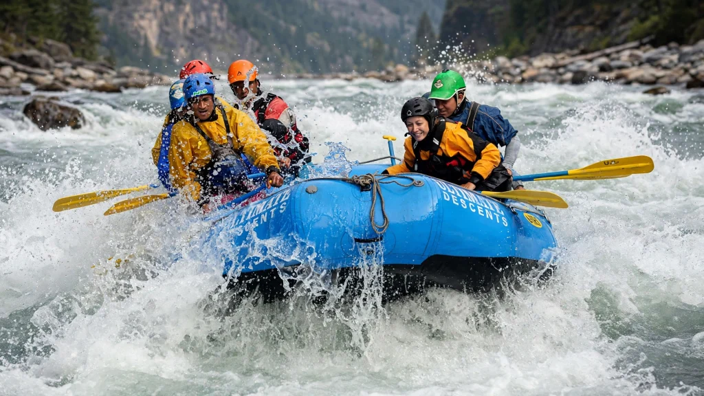 Rafting group paddling through a whitewater rapid on the Trishuli River in Nepal