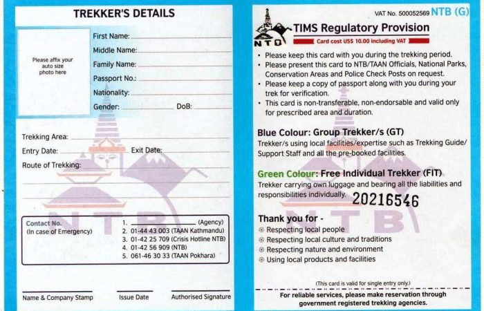 TIMS trekking card showing trekker details, trekking area, entry and exit dates, route information, and TIMS regulatory provisions for trekkers in Nepal.