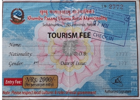 Khumbu Pasang Lhamu Rural Municipality tourism fee check-in ticket from Solukhumbu, Nepal, illustrating local municipal tourism fees.