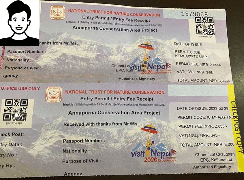 Annapurna Conservation Area Project entry permit and entry fee receipts issued by the National Trust for Nature Conservation in Nepal.