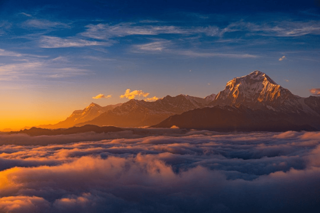 Annapurna range seen above terraced fields on a clear spring morning in central Nepal