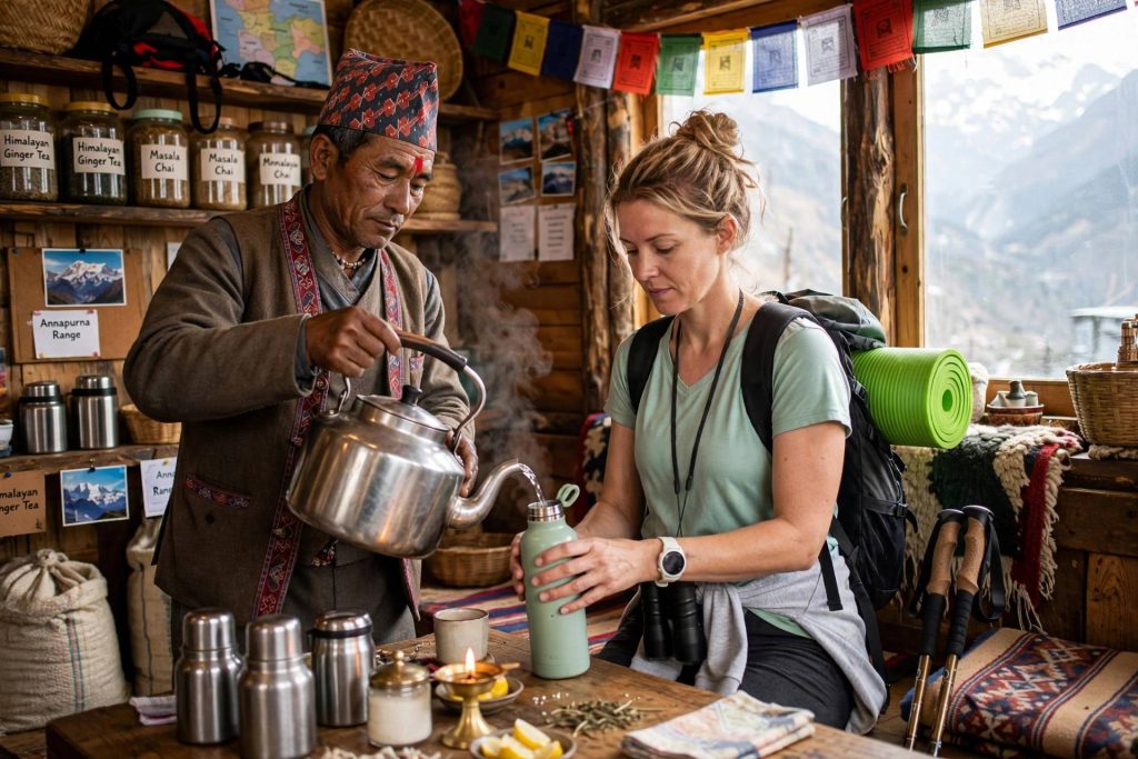 Trekker filling a reusable bottle with boiled water at a teahouse in the Annapurna region