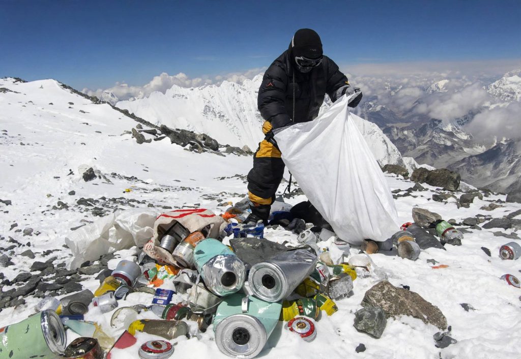 Sorted waste bags stacked at a collection point in the Khumbu region of Nepal