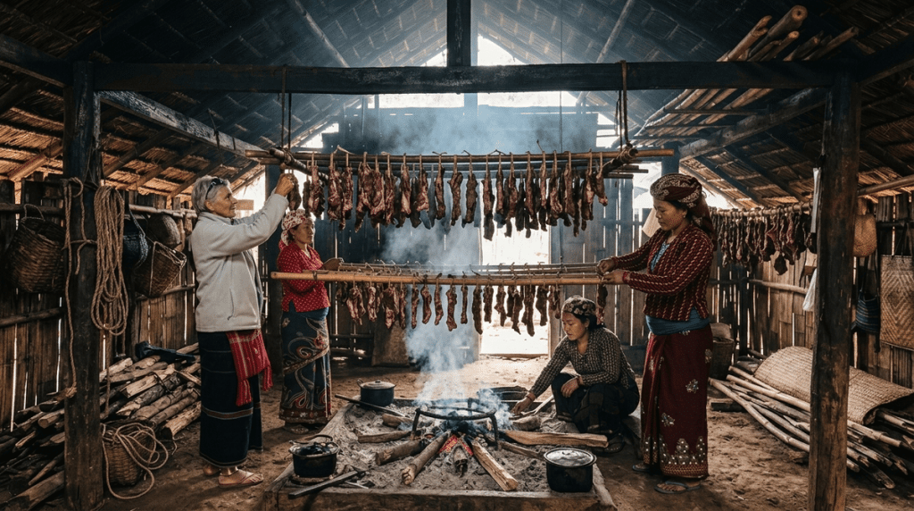 Tamang family preparing marinated pork over a wood fire in a hill village kitchen