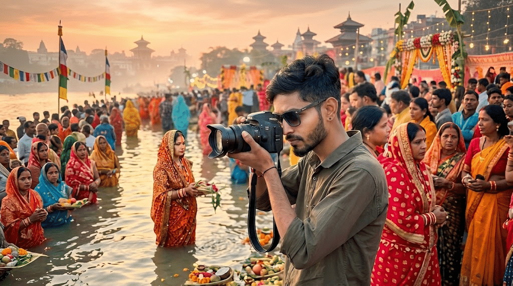 Photographer taking pictures of Chhath Puja celebrations along a crowded river bank at sunset.
