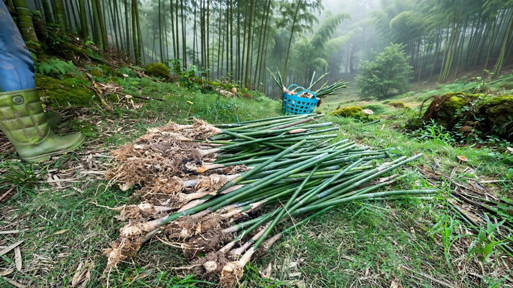 Bundles of harvested ringal bamboo stacked beside a hill trail in eastern Nepal