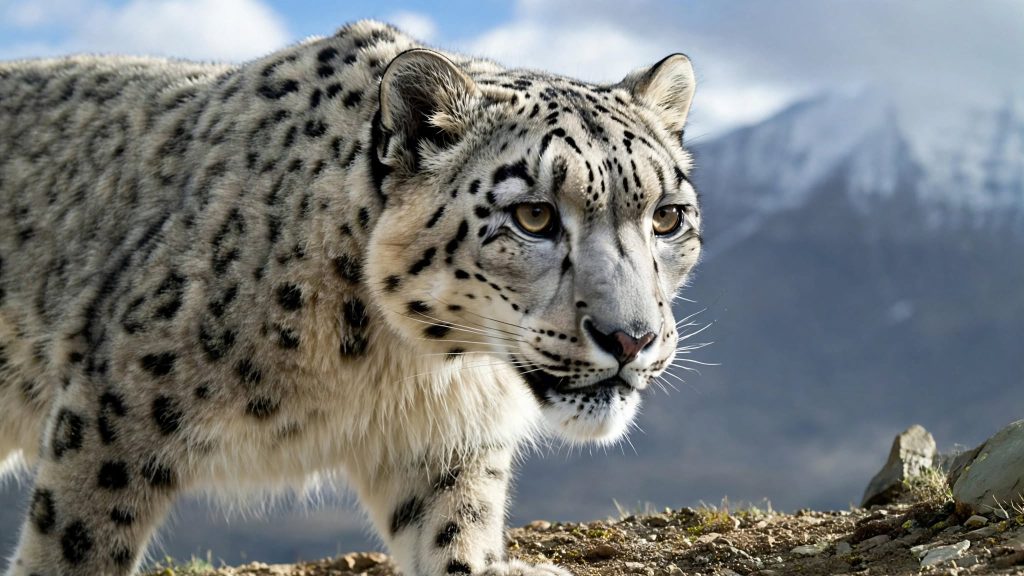 A snow leopard photographed by a camera trap on a rocky ridge in Shey Phoksundo National Park, Dolpa district