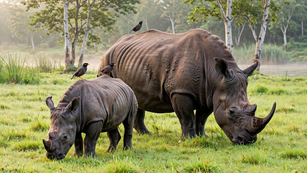 Greater one-horned rhinoceros grazing in tall grassland at the edge of riverine forest