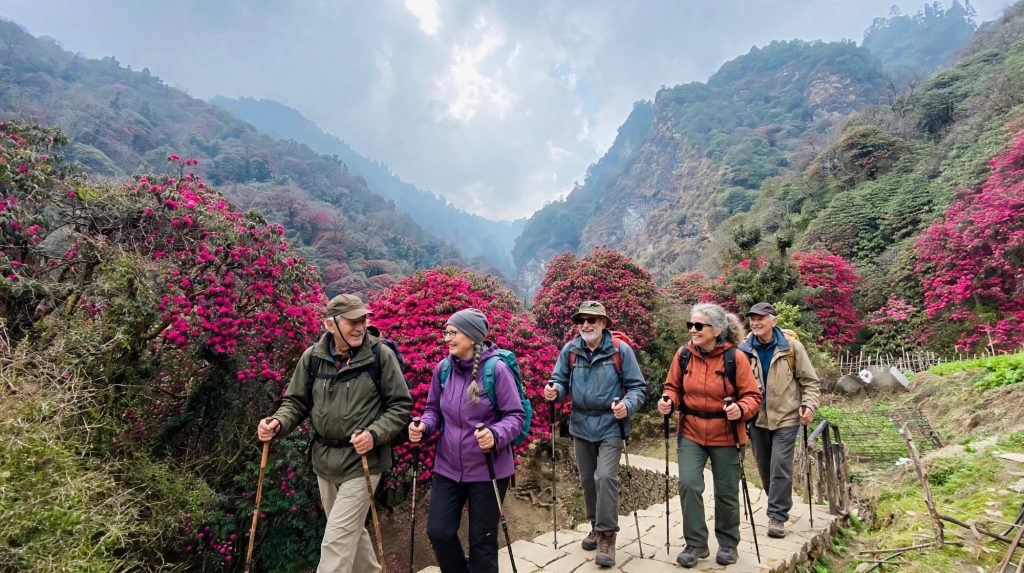 Older trekkers walking a stone staircase trail through rhododendron forest in the Annapurna foothills