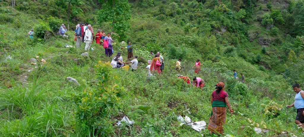 Community forest user group members clearing a trail in the Nepali hills