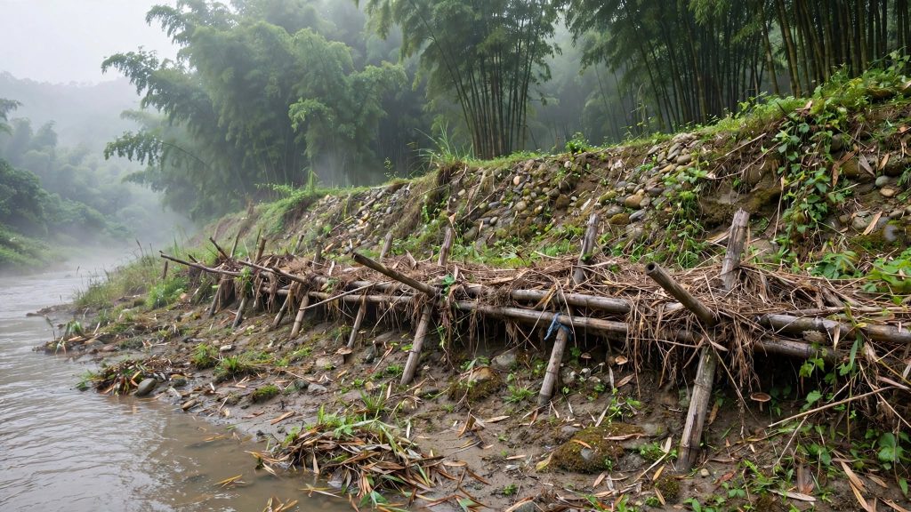 Community forest boundary marker beside a cut bamboo stand on a ridge in eastern Nepal