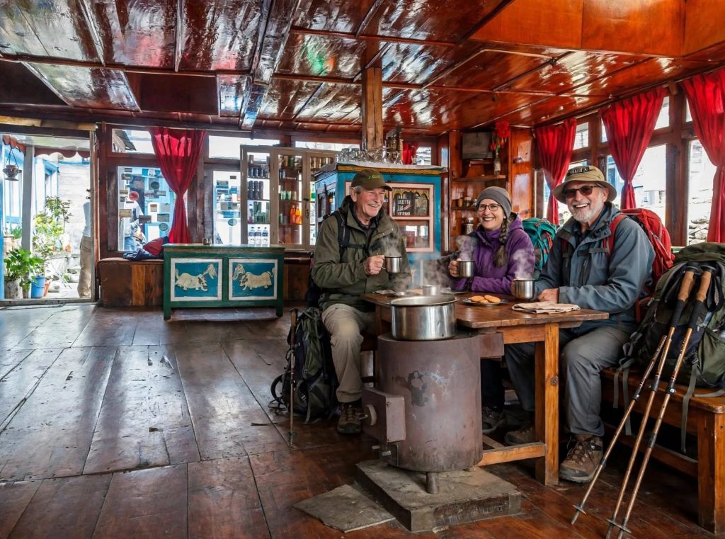 Interior of a Himalayan teahouse dining room with a central stove and trekkers drinking tea